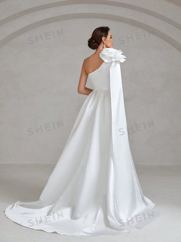 One Shoulder Split Thigh Satin Wedding Dress