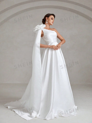 One Shoulder Split Thigh Satin Wedding Dress