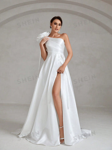 One Shoulder Split Thigh Satin Wedding Dress