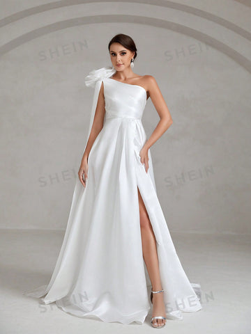 One Shoulder Split Thigh Satin Wedding Dress