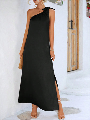 One Shoulder Strap Solid Color High Slit Dress