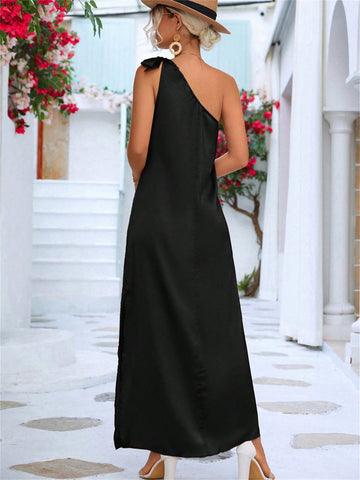 One Shoulder Strap Solid Color High Slit Dress