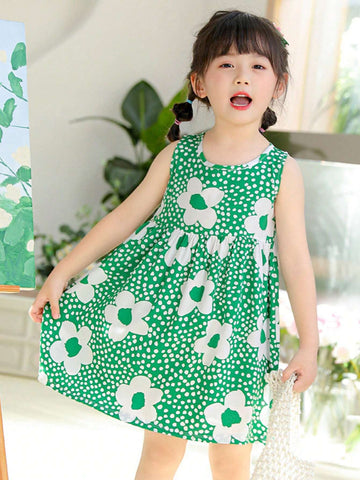 One Young Girl Cartoon Princess Style Flowers Print Breathable Soft Sleeveless Dress For Spring/Summer