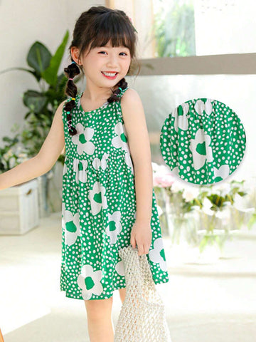 One Young Girl Cartoon Princess Style Flowers Print Breathable Soft Sleeveless Dress For Spring/Summer