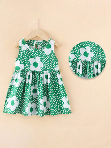 One Young Girl Cartoon Princess Style Flowers Print Breathable Soft Sleeveless Dress For Spring/Summer