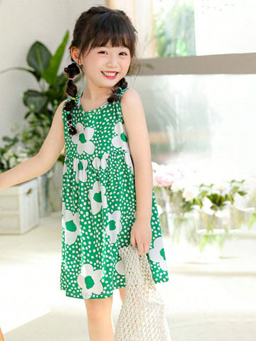 One Young Girl Cartoon Princess Style Flowers Print Breathable Soft Sleeveless Dress For Spring/Summer