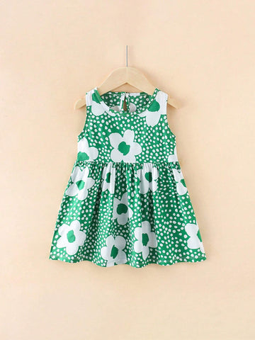 One Young Girl Cartoon Princess Style Flowers Print Breathable Soft Sleeveless Dress For Spring/Summer