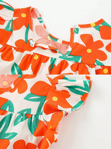 One Young Girl Cute Flower Print Dress With Ruffle Hem And Short Flounce Sleeves, A-Line Dress For Spring And Summer