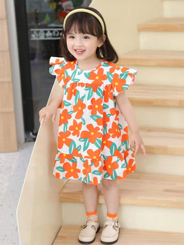 One Young Girl Cute Flower Print Dress With Ruffle Hem And Short Flounce Sleeves, A-Line Dress For Spring And Summer