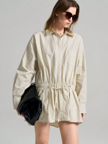 Ontre 1pc Women Drop Shoulder Long Sleeve Tie-Front Casual Mini Dress