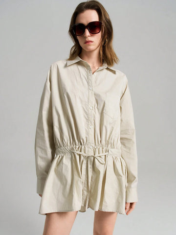 Ontre 1pc Women Drop Shoulder Long Sleeve Tie-Front Casual Mini Dress