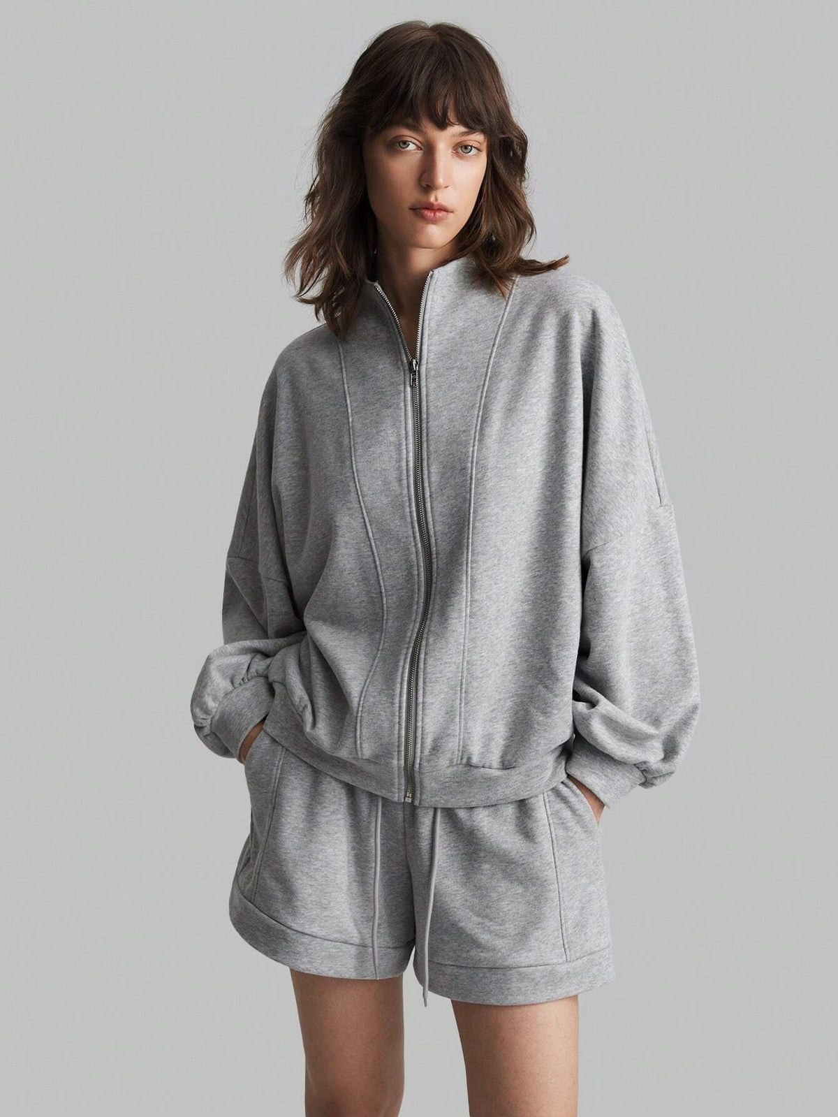 Ontre 2pcs Women Solid Color Zipper Front Long Sleeve Top And Long Pants Cotton Casual Set