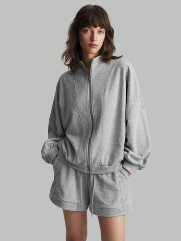 Ontre 2pcs Women Solid Color Zipper Front Long Sleeve Top And Long Pants Cotton Casual Set