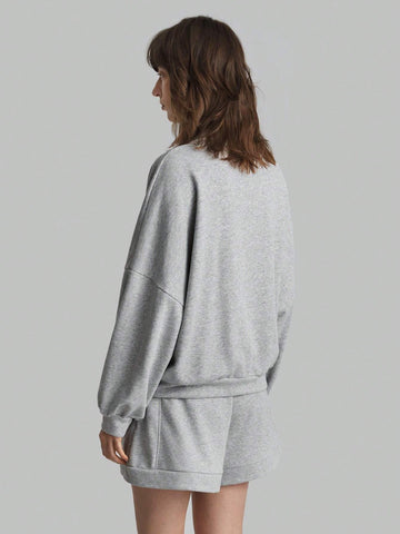 Ontre 2pcs Women Solid Color Zipper Front Long Sleeve Top And Long Pants Cotton Casual Set