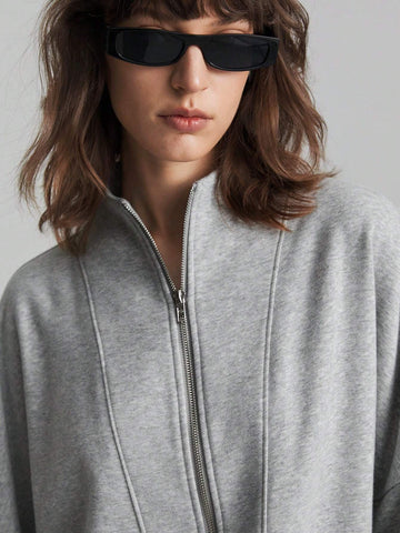 Ontre 2pcs Women Solid Color Zipper Front Long Sleeve Top And Long Pants Cotton Casual Set