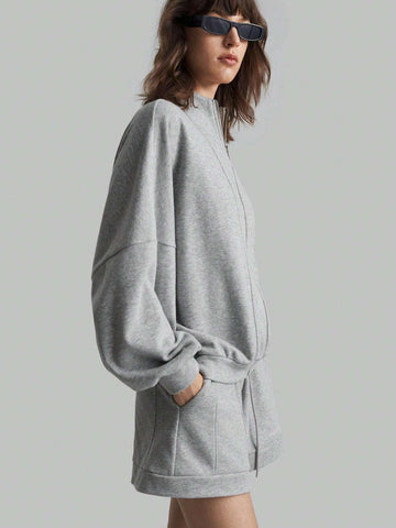 Ontre 2pcs Women Solid Color Zipper Front Long Sleeve Top And Long Pants Cotton Casual Set