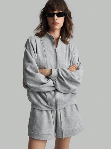 Ontre 2pcs Women Solid Color Zipper Front Long Sleeve Top And Long Pants Cotton Casual Set