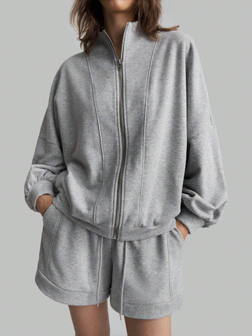 Ontre 2pcs Women Solid Color Zipper Front Long Sleeve Top And Long Pants Cotton Casual Set