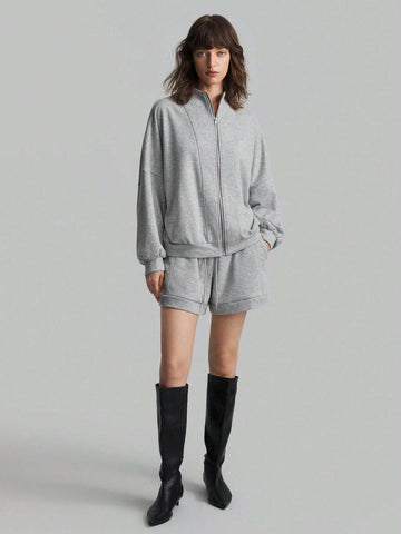 Ontre 2pcs Women Solid Color Zipper Front Long Sleeve Top And Long Pants Cotton Casual Set