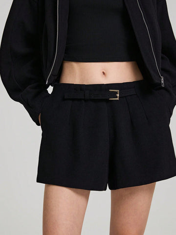 Ontre 40% Wool Blend Twill Fabric Stylish Women Shorts, Brown Ultra-Short Shorts For Autumn/Winter Outfit