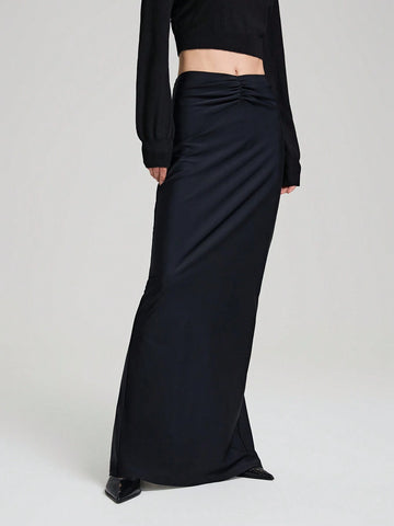 Ontre Black Knit Ruched High-Waisted Skirt For Tall Women, Urban Chic For Autumn And Winter