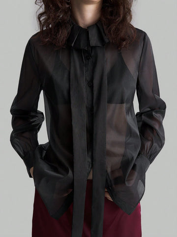 Ontre Black Ruffle Trim Semi-Sheer Slim Fit Office Elegant Blouse