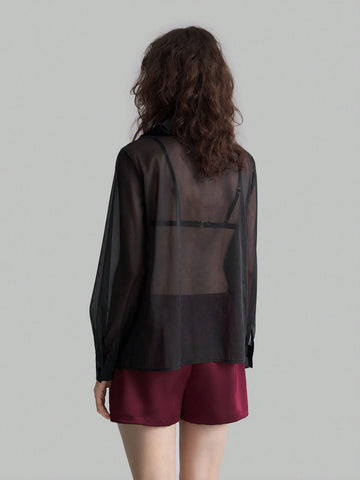 Ontre Black Ruffle Trim Semi-Sheer Slim Fit Office Elegant Blouse