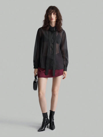 Ontre Black Ruffle Trim Semi-Sheer Slim Fit Office Elegant Blouse