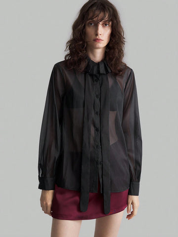 Ontre Black Ruffle Trim Semi-Sheer Slim Fit Office Elegant Blouse