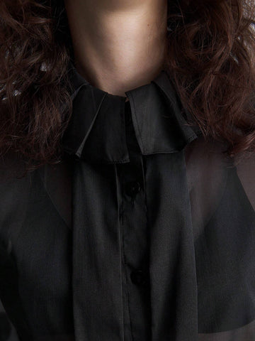 Ontre Black Ruffle Trim Semi-Sheer Slim Fit Office Elegant Blouse