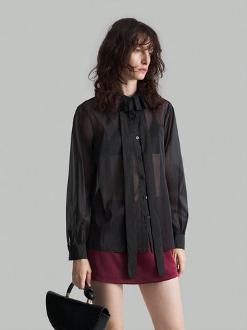 Ontre Black Ruffle Trim Semi-Sheer Slim Fit Office Elegant Blouse