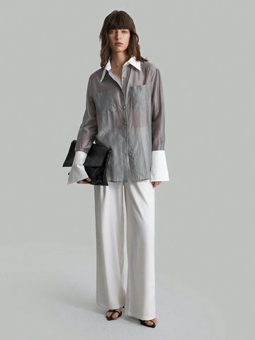 Ontre Color Block Long Sleeve Button Front Blouse