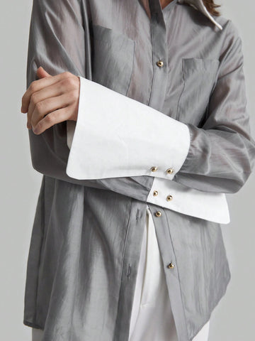 Ontre Color Block Long Sleeve Button Front Blouse