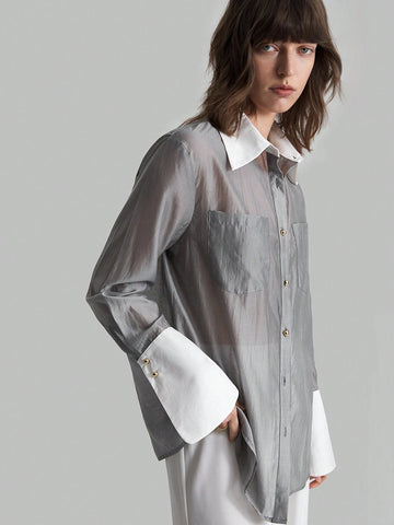 Ontre Color Block Long Sleeve Button Front Blouse