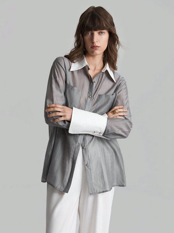 Ontre Color Block Long Sleeve Button Front Blouse