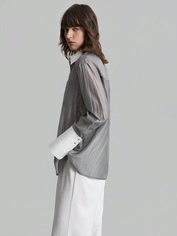 Ontre Color Block Long Sleeve Button Front Blouse