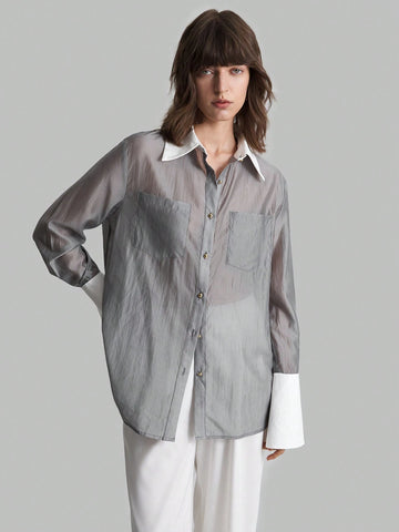 Ontre Color Block Long Sleeve Button Front Blouse