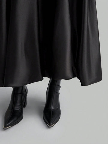 Ontre Elegant Satin Gloss Flower Bud Design High Waist Women's Skirt