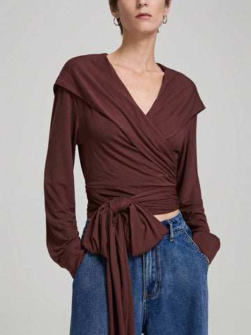 Ontre Elegant & Simple Long Sleeve Knit Mock Neck Top, Suitable For Holiday, New Year, Wear, Brown