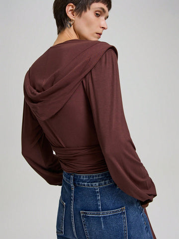 Ontre Elegant & Simple Long Sleeve Knit Mock Neck Top, Suitable For Holiday, New Year, Wear, Brown
