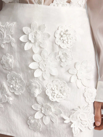 Ontre Floral Applique Detail Solid Skirt For Dailywear