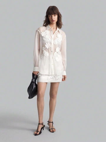 Ontre Floral Applique Detail Solid Skirt For Dailywear