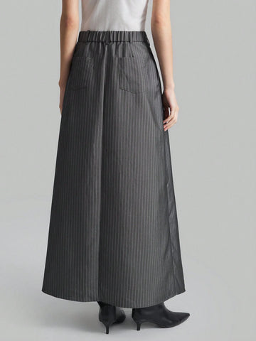 Ontre Grey Pinstripe Pleated Design Minimalist Retro A-Line Skirt For Women, Casual And Collegiate Style, Suitable For & New Year