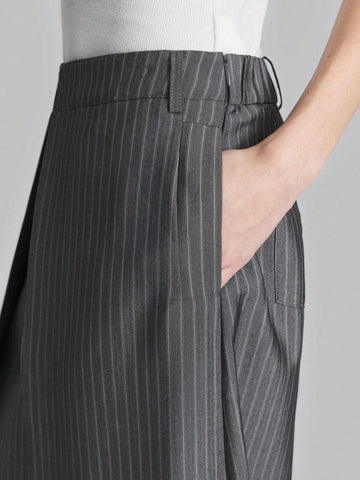 Ontre Grey Pinstripe Pleated Design Minimalist Retro A-Line Skirt For Women, Casual And Collegiate Style, Suitable For & New Year