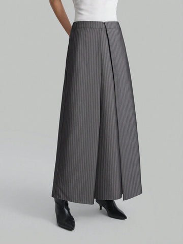Ontre Grey Pinstripe Pleated Design Minimalist Retro A-Line Skirt For Women, Casual And Collegiate Style, Suitable For & New Year