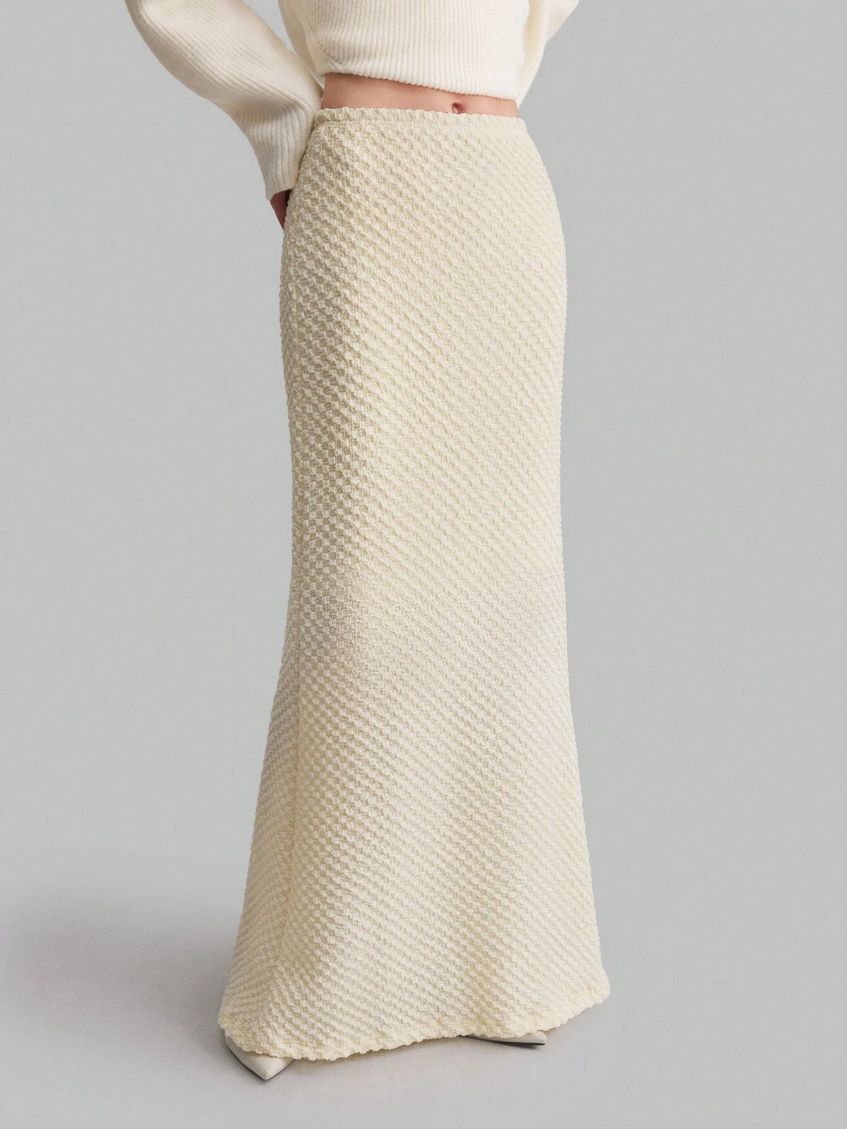 Ontre Knit Elastic Fabric Cream Yellow Tall Women's Skirt With Textured Material, Business Casual Elegant Ladies High Waist Skirt With Elastic Waistband, Suitable For Autumn & Winter