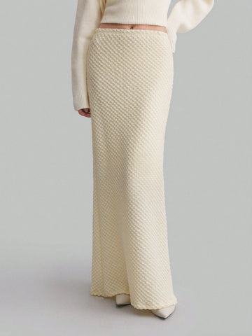 Ontre Knit Elastic Fabric Cream Yellow Tall Women's Skirt With Textured Material, Business Casual Elegant Ladies High Waist Skirt With Elastic Waistband, Suitable For Autumn & Winter