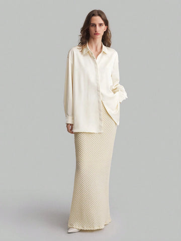 Ontre Knit Elastic Fabric Cream Yellow Tall Women's Skirt With Textured Material, Business Casual Elegant Ladies High Waist Skirt With Elastic Waistband, Suitable For Autumn & Winter