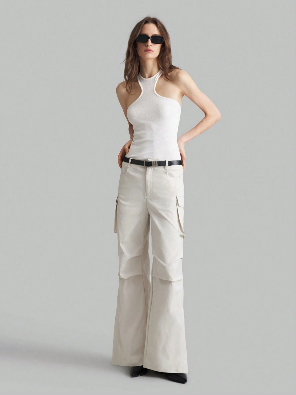 Ontre Light Gray Low Waist Cargo Pocket Side Split Street Hip-Hop Style Casual Pants