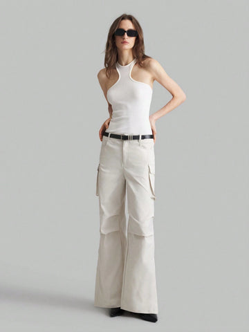 Ontre Light Gray Low Waist Cargo Pocket Side Split Street Hip-Hop Style Casual Pants